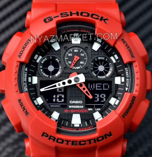 خرید ساعت جی شاک دو زمانه مدل ga-100 قرمز رنگ