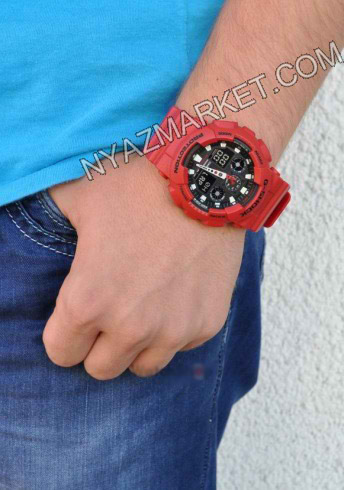 خرید ساعت جی شاک دو زمانه مدل ga-100 قرمز رنگ